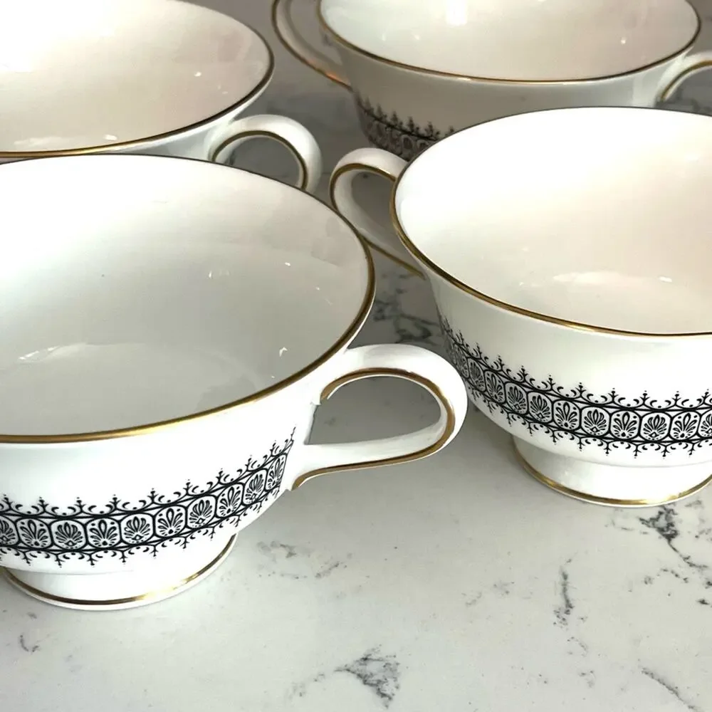 Wedgwood Astor Black On White Newer Footed Cream Soup Bowl Cup (Set of Four)